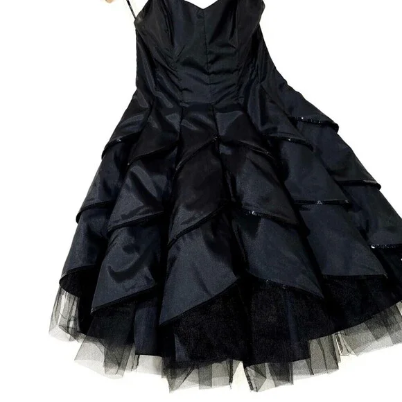 NEW Betsey Johnson Dahlia Whimsigoth Ruffle Tier Mini Dress Sequin Black Satin 8 - Picture 5 of 11